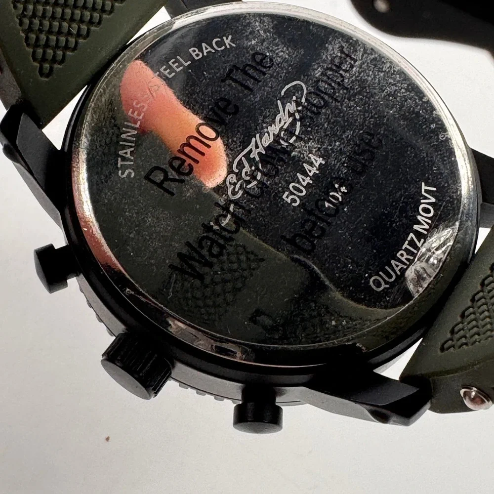 Ed Hardy Mens Camouflage Dial Watch Black Case Green Studded Silicone Band 50444